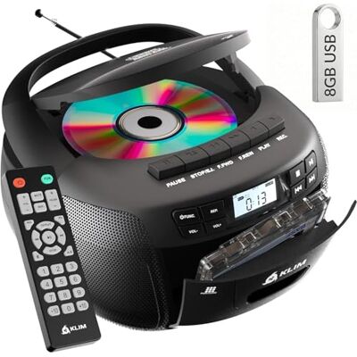 KLIM Lecteur CD avec cassette et radio USB Bluetooth AM FM Avec fonction d'enregistrement et poignée de transport au choix sur secteur ou à piles, noir KLIM Lecteur CD avec cassette et radio USB Bluetooth AM FM Avec fonction d'enregistrement et poignée de transport au choix sur secteur ou à piles, noir