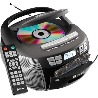KLIM Lecteur CD avec radio cassette Bluetooth et port USB Avec fonction d'enregistrement AM FM et poignée de transport adaptée pour les déplacements, noir et argenté KLIM Lecteur CD avec radio cassette Bluetooth et port USB Avec fonction d'enregistrement AM FM et poignée de transport adaptée pour les déplacements, noir et argenté