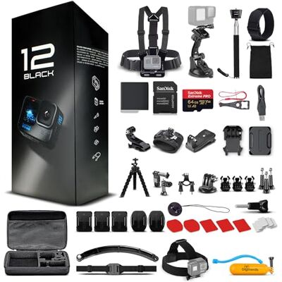 GoPro HERO12 (Hero 12) Caméra d'action noire étanche avec vidéo HDR 5,3 K, photos 27 Mpx, capteur d'image 1/1,9", Live Streaming, Webcam, stabilisation + carte 64 Go et kit d'accessoires 50 pièces GoPro HERO12 (Hero 12) Caméra d'action noire étanche avec vidéo HDR 5,3 K, photos 27 Mpx, capteur d'image 1/1,9", Live Streaming, Webcam, stabilisation + carte 64 Go et kit d'accessoires 50 pièces