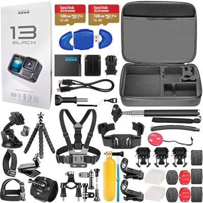 GoPro HERO13 (Hero 13) Black – Caméra d'action avec photos 5,3 K, 27 MP, diffusion en direct, webcam + 2 cartes de 128 Go, kit d'accessoires de 50 pièces – Bundle GoPro HERO13 (Hero 13) Black – Caméra d'action avec photos 5,3 K, 27 MP, diffusion en direct, webcam + 2 cartes de 128 Go, kit d'accessoires de 50 pièces – Bundle
