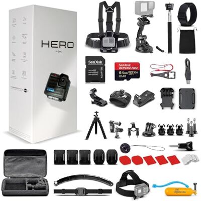 GoPro Hero (Go Pro Hero) Black Compact Caméra d'action étanche avec vidéo 4K Ultra HD, photos 12 MP, stabilisation + kit d'accessoires 50 en 1 + carte 64 Go + plus GoPro Hero (Go Pro Hero) Black Compact Caméra d'action étanche avec vidéo 4K Ultra HD, photos 12 MP, stabilisation + kit d'accessoires 50 en 1 + carte 64 Go + plus