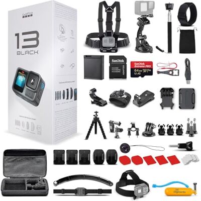 GoPro HERO13 (Hero 13) Caméra d'action étanche avec vidéo HDR 5,3 K, photos 27 MP, capteur d'image 1/1,9", diffusion en direct, webcam, stabilisation + carte de 64 Go et kit d'accessoires de 50 pièces GoPro HERO13 (Hero 13) Caméra d'action étanche avec vidéo HDR 5,3 K, photos 27 MP, capteur d'image 1/1,9", diffusion en direct, webcam, stabilisation + carte de 64 Go et kit d'accessoires de 50 pièces