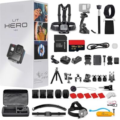 GoPro LIT Hero 4K Caméra d'action compacte légère (Go Pro Hero LIT) Lumière LED intégrée Stabilisation HyperSmooth Pour vlogging sports et voyages + Kit d'accessoires de 50 pièces + carte de 128 GoPro LIT Hero 4K Caméra d'action compacte légère (Go Pro Hero LIT) Lumière LED intégrée Stabilisation HyperSmooth Pour vlogging sports et voyages + Kit d'accessoires de 50 pièces + carte de 128