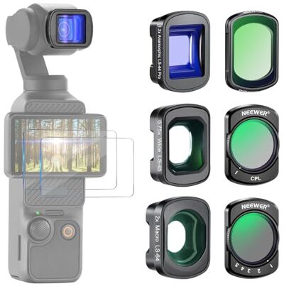 NEEWER Lot de 3 filtres ND (variable ND2-32, filtre polarisant CPL, 1/4 Black Diffusion) et objectif grand angle 0,75X, objectif macro 2x, lentille anamorphique bleue 1,2x, compatible avec DJI Osmo NEEWER Lot de 3 filtres ND (variable ND2-32, filtre polarisant CPL, 1/4 Black Diffusion) et objectif grand angle 0,75X, objectif macro 2x, lentille anamorphique bleue 1,2x, compatible avec DJI Osmo