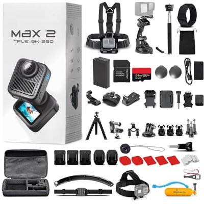 GoPro MAX 2 8K 360° Caméra d'action (MAX2) – Lentilles remplaçables Stabilisation HyperSmooth Étanche 5 m Mode POV pour voyage et vlogging avec kit d'accessoires de 50 pièces + carte de 64 Go + GoPro MAX 2 8K 360° Caméra d'action (MAX2) – Lentilles remplaçables Stabilisation HyperSmooth Étanche 5 m Mode POV pour voyage et vlogging avec kit d'accessoires de 50 pièces + carte de 64 Go +