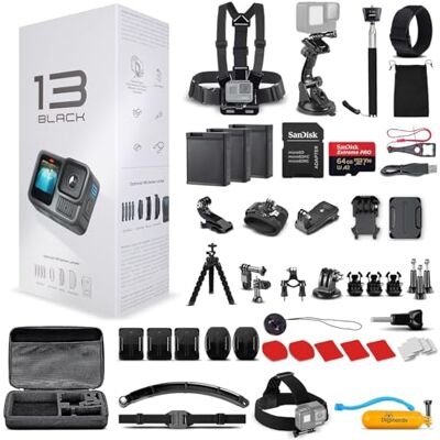 GoPro HERO13 (Hero 13) Noir – Kit d'accessoires 50 pièces + 2 batteries + carte 64 Go – Caméra d'action étanche – HDR 5,3 K, 27 MP, capteur 1/1,9 GoPro HERO13 (Hero 13) Noir – Kit d'accessoires 50 pièces + 2 batteries + carte 64 Go – Caméra d'action étanche – HDR 5,3 K, 27 MP, capteur 1/1,9