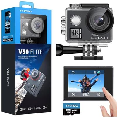 AKASO V50 Elite 4K60fps Caméra d'action tactile WiFi Commande vocale EIS 39,9 m Caméra étanche 8X Zoom Télécommande (avec carte MicroSD 64 Go) AKASO V50 Elite 4K60fps Caméra d'action tactile WiFi Commande vocale EIS 39,9 m Caméra étanche 8X Zoom Télécommande (avec carte MicroSD 64 Go)