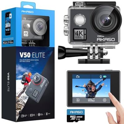 AKASO V50 Elite Caméra d'action 4K60fps avec carte mémoire MicroSDXC U3 128 Go Kit d'accessoires Contrôle vocal EIS 40 m Caméra étanche Zoom 8X Télécommande AKASO V50 Elite Caméra d'action 4K60fps avec carte mémoire MicroSDXC U3 128 Go Kit d'accessoires Contrôle vocal EIS 40 m Caméra étanche Zoom 8X Télécommande