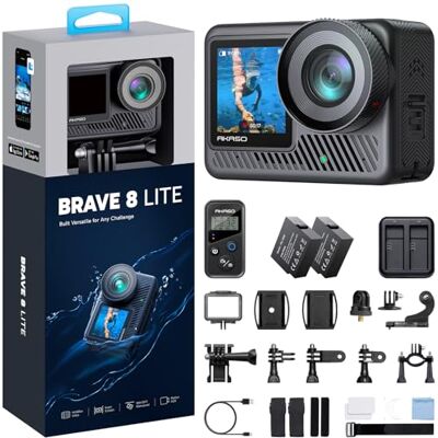 AKASO Brave 8 Lite Caméra d'action étanche avec vidéo Ultra HD 4K60, photos 20 MP, HDR, écran tactile, stabilisation super lisse, ralenti 8x, zoom, super grand angle, télécommande et accessoires AKASO Brave 8 Lite Caméra d'action étanche avec vidéo Ultra HD 4K60, photos 20 MP, HDR, écran tactile, stabilisation super lisse, ralenti 8x, zoom, super grand angle, télécommande et accessoires