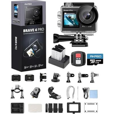 AKASO Brave 4 Pro Action Cam 4K30FPS 20MP avec carte mémoire U3 128 Go 40 m Caméra sous-marine Ultra HD Écran tactile 170 ° Grand angle Stabilisation EIS Zoom 5X, télécommande 2,4 G et 2 batteries AKASO Brave 4 Pro Action Cam 4K30FPS 20MP avec carte mémoire U3 128 Go 40 m Caméra sous-marine Ultra HD Écran tactile 170 ° Grand angle Stabilisation EIS Zoom 5X, télécommande 2,4 G et 2 batteries