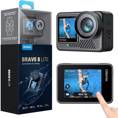 AKASO Brave 8 Lite Action Cam 4K60FPS 20MP WiFi Caméra sous-marine avec double écran, stabilisation SuperSmooth, grand angle 150°, étanche jusqu'à 60M, zoom 4X, Slo-mo 8X, 2 x 1550 mAh Batteries AKASO Brave 8 Lite Action Cam 4K60FPS 20MP WiFi Caméra sous-marine avec double écran, stabilisation SuperSmooth, grand angle 150°, étanche jusqu'à 60M, zoom 4X, Slo-mo 8X, 2 x 1550 mAh Batteries