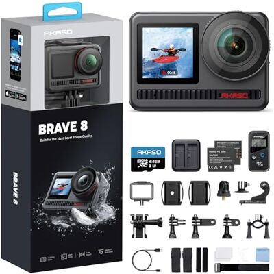 AKASO Brave 8 Caméra d'action 4K60FPS avec carte de 64 Go, caméra sous-marine étanche 48 MP avec stabilisation super lisse, écran tactile, zoom 5x, télécommande Slo-mo 8X AKASO Brave 8 Caméra d'action 4K60FPS avec carte de 64 Go, caméra sous-marine étanche 48 MP avec stabilisation super lisse, écran tactile, zoom 5x, télécommande Slo-mo 8X