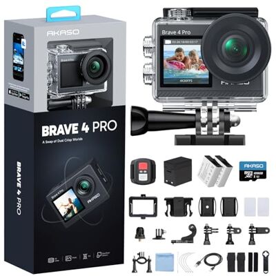 AKASO Brave 4 Pro 4K30 Caméra d'action avec carte microSD U3 de 128 Go, caméra sous-marine étanche EIS écran tactile télécommande avec 2 piles 1350 mAh et kit d'accessoires pour casque AKASO Brave 4 Pro 4K30 Caméra d'action avec carte microSD U3 de 128 Go, caméra sous-marine étanche EIS écran tactile télécommande avec 2 piles 1350 mAh et kit d'accessoires pour casque