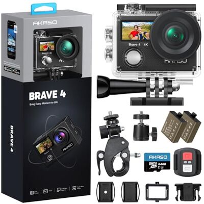 AKASO Brave 4 Caméra d'action 4 K 30 fps avec carte microSD 64 Go 20 MP Ultra HD 40 m Étanche Caméra sous-marine EIS WiFi Télécommande Zoom 5X Caméras de sport avec kit d'accessoires de vélo AKASO Brave 4 Caméra d'action 4 K 30 fps avec carte microSD 64 Go 20 MP Ultra HD 40 m Étanche Caméra sous-marine EIS WiFi Télécommande Zoom 5X Caméras de sport avec kit d'accessoires de vélo