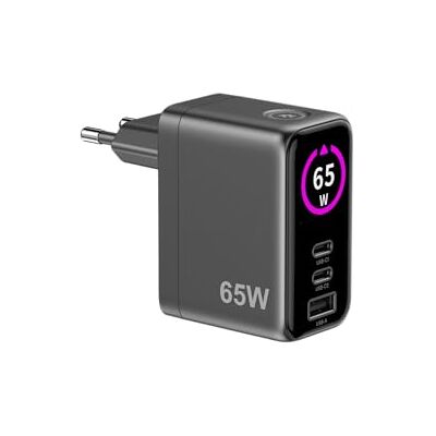 Celly Chargeur multiple USB-C 65 W GaN avec écran LED, charge rapide pour ordinateur portable, smartphone et tablette Celly Chargeur multiple USB-C 65 W GaN avec écran LED, charge rapide pour ordinateur portable, smartphone et tablette