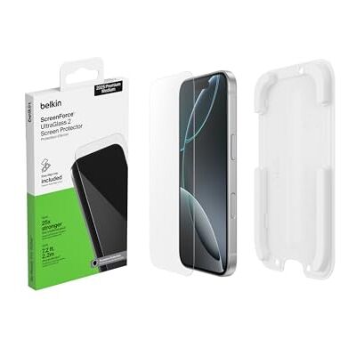 Belkin ScreenForce UltraGlass 2 Protection d'Écran pour iPhone 17 Pro, Vitre Protection Écran Contre Les Rayures, Support Easy Align Inclus pour Pose Sans Bulle D'Air, Dureté 9H, Verre Recyclé Belkin ScreenForce UltraGlass 2 Protection d'Écran pour iPhone 17 Pro, Vitre Protection Écran Contre Les Rayures, Support Easy Align Inclus pour Pose Sans Bulle D'Air, Dureté 9H, Verre Recyclé
