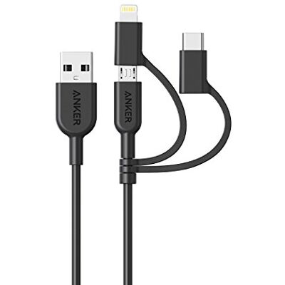 Anker Cable iphone, Powerline II Câble 3-en-1, Cable USB C/Lightning/Micro USB pour iPhone, iPad, Huawei, HTC, LG, Samsung Galaxy, Sony Xperia, Android Smartphones, etc. (0,9m) Anker Cable iphone, Powerline II Câble 3-en-1, Cable USB C/Lightning/Micro USB pour iPhone, iPad, Huawei, HTC, LG, Samsung Galaxy, Sony Xperia, Android Smartphones, etc. (0,9m)