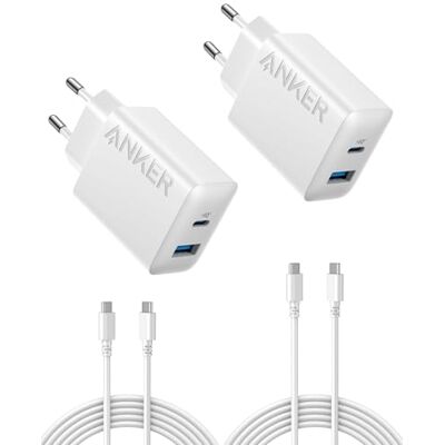 Anker Lot de 2 chargeurs USB C, 20 W, 2 ports, pour iPhone 16 et 16 Pro, iPad et plus encore (2 câbles USB C de 1,5 m Anker Lot de 2 chargeurs USB C, 20 W, 2 ports, pour iPhone 16 et 16 Pro, iPad et plus encore (2 câbles USB C de 1,5 m