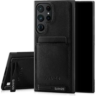 SURAZO Premium Étui de protection arrière en cuir véritable pour Samsung Galaxy S23 Ultra Anti-chocs Avec compartiment pour cartes, support, porte-clés Vintage Slim Bumper Noir SURAZO Premium Étui de protection arrière en cuir véritable pour Samsung Galaxy S23 Ultra Anti-chocs Avec compartiment pour cartes, support, porte-clés Vintage Slim Bumper Noir