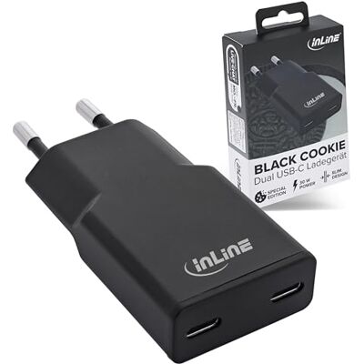 InLine GaN Chargeur USB-C 30 W, bloc d'alimentation avec double USB-C, PD, PPS, charge rapide pour smartphone, tablette, Black Cookie/noir, 31590 InLine GaN Chargeur USB-C 30 W, bloc d'alimentation avec double USB-C, PD, PPS, charge rapide pour smartphone, tablette, Black Cookie/noir, 31590