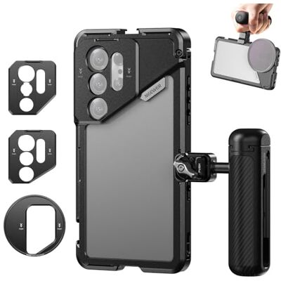 NEEWER Cage S25 Ultra Phone Cage PA082 Support vidéo professionnel pour smartphones avec poignée latérale Bluetooth PA045E, adaptateur de filtre 67 mm, plaque arrière d'objectif 17 mm et support en NEEWER Cage S25 Ultra Phone Cage PA082 Support vidéo professionnel pour smartphones avec poignée latérale Bluetooth PA045E, adaptateur de filtre 67 mm, plaque arrière d'objectif 17 mm et support en