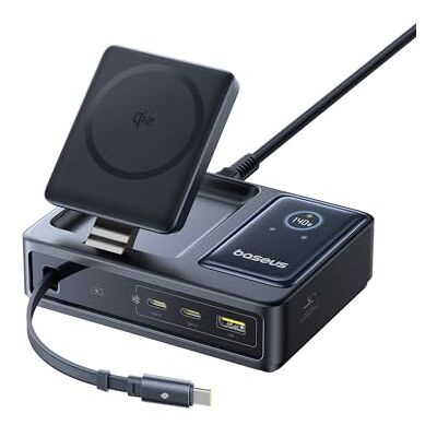 Baseus NOMOS Câble de Chargement 5 en 1 140W Avec Chargeur 15W Qi2.0 MagSafe Type C Rétractable 2 Ports USB-C, 1 Port USB-A et Affichage Digital pour iPhone Baseus NOMOS Câble de Chargement 5 en 1 140W Avec Chargeur 15W Qi2.0 MagSafe Type C Rétractable 2 Ports USB-C, 1 Port USB-A et Affichage Digital pour iPhone