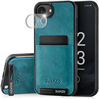 SURAZO Étui en cuir pour Apple iPhone 16e Avec protection de l'appareil photo Arrière en cuir véritable Fonction support Anneau porte-clés En cuir véritable résistant aux chocs Turquoise SURAZO Étui en cuir pour Apple iPhone 16e Avec protection de l'appareil photo Arrière en cuir véritable Fonction support Anneau porte-clés En cuir véritable résistant aux chocs Turquoise
