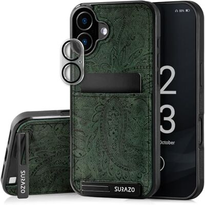 SURAZO Étui de protection arrière en cuir véritable pour Apple iPhone 16 – Étui de protection en cuir résistant aux chocs [protection de l'appareil photo, verre, compartiment pour cartes, fonction SURAZO Étui de protection arrière en cuir véritable pour Apple iPhone 16 – Étui de protection en cuir résistant aux chocs [protection de l'appareil photo, verre, compartiment pour cartes, fonction