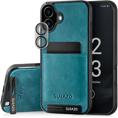 SURAZO Étui de protection arrière en cuir véritable pour Apple iPhone 16 – Étui de protection en cuir résistant aux chocs [protection de l'appareil photo, verre, compartiment pour cartes, fonction SURAZO Étui de protection arrière en cuir véritable pour Apple iPhone 16 – Étui de protection en cuir résistant aux chocs [protection de l'appareil photo, verre, compartiment pour cartes, fonction