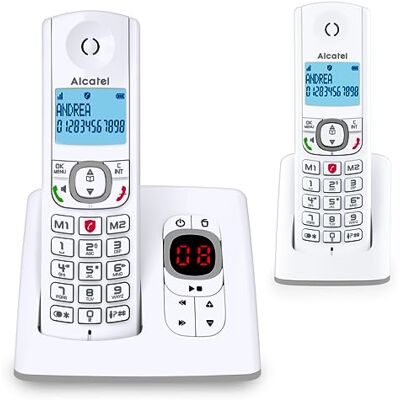 Alcatel F530 Voice Duo, téléphone sans fil avec répondeur et 2 combinés, blocage d'appels et fonction mains libres Blanc/Gris Alcatel F530 Voice Duo, téléphone sans fil avec répondeur et 2 combinés, blocage d'appels et fonction mains libres Blanc/Gris