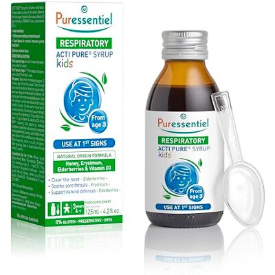 Puressentiel Respiratoire – Sirop Acti Pure Nez-Gorge Enfant -3ans Miel, extraits d’Erysimum et Sureau, Vitamine D3 – Goût naturel et délicieux – 125 ml Puressentiel Respiratoire – Sirop Acti Pure Nez-Gorge Enfant -3ans Miel, extraits d’Erysimum et Sureau, Vitamine D3 – Goût naturel et délicieux – 125 ml