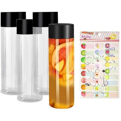 LSYYSL Quatre bouteilles de jus cylindriques en plastique transparent de 400 ml, un autocollant de fruits, convient pour stocker du thé, du jus de fruits et des boissons infusées à froid LSYYSL Quatre bouteilles de jus cylindriques en plastique transparent de 400 ml, un autocollant de fruits, convient pour stocker du thé, du jus de fruits et des boissons infusées à froid