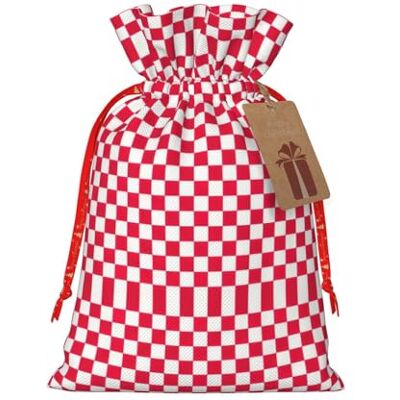 LimPac Sacs cadeaux de Noël avec cordon de serrage en toile de jute avec imprimé carrés blancs et carreaux rouges LimPac Sacs cadeaux de Noël avec cordon de serrage en toile de jute avec imprimé carrés blancs et carreaux rouges