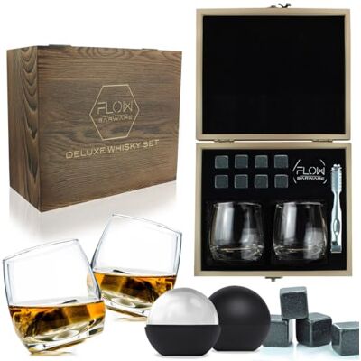 FLOW Barware Verres à Whisky à Bascule et Pierres à Whisky, Inclus dans Une boîte Cadeau en Bois, Verres à Bascule de Style rétro Fantaisie, Parfaits pour Le Scotch, Le Bourbon Cadeau Amusant FLOW Barware Verres à Whisky à Bascule et Pierres à Whisky, Inclus dans Une boîte Cadeau en Bois, Verres à Bascule de Style rétro Fantaisie, Parfaits pour Le Scotch, Le Bourbon Cadeau Amusant