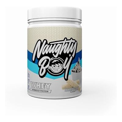 Naughty Boy Poudre de protéine de lactosérum avancée, 22 g de protéines, faible sucre, mélange facile, 900 g, 30 portions, biscuits au chocolat blanc et crème Naughty Boy Poudre de protéine de lactosérum avancée, 22 g de protéines, faible sucre, mélange facile, 900 g, 30 portions, biscuits au chocolat blanc et crème