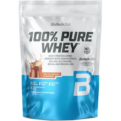 BioTechUSA 100% Pure Whey Poudre de protéines avec BCAA et Glutamine Sans gluten, sans huile de palme 21g de protéines par portion, 400 g, Caramel salé BioTechUSA 100% Pure Whey Poudre de protéines avec BCAA et Glutamine Sans gluten, sans huile de palme 21g de protéines par portion, 400 g, Caramel salé