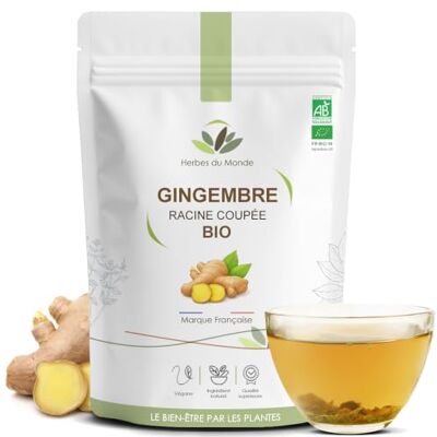 Herbes du Monde Tisane de Gingembre Bio Racine Coupée de Haute Qualité Infusion Digestive, Tonifiante & Minceur 180g Certifiée AB Herbes du Monde Tisane de Gingembre Bio Racine Coupée de Haute Qualité Infusion Digestive, Tonifiante & Minceur 180g Certifiée AB