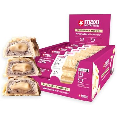 MaxiNutrition Creamy Core Bar Blueberry Muffin Lot de 12 barres protéinées remplies de 45 g, 29% de protéines, 13 g par barre, faible sucre (2,1 g), sans sucre ajouté, sans arômes artificiels, né et MaxiNutrition Creamy Core Bar Blueberry Muffin Lot de 12 barres protéinées remplies de 45 g, 29% de protéines, 13 g par barre, faible sucre (2,1 g), sans sucre ajouté, sans arômes artificiels, né et