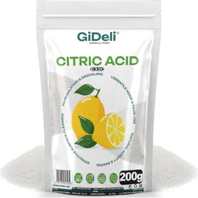 GiDeli Acide Citrique en Poudre 200 g, Sachet E330 Pur Détartrant Acidifiant pour Confitures, Conserves et Boissons, Nettoyage de la Cafetière, sans Odeur, Dissolution Rapide GiDeli Acide Citrique en Poudre 200 g, Sachet E330 Pur Détartrant Acidifiant pour Confitures, Conserves et Boissons, Nettoyage de la Cafetière, sans Odeur, Dissolution Rapide