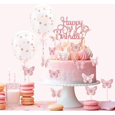 Romon Lot de 17 décorations de papillon pour gâteau d'anniversaire, décorations pour gâteau d'anniversaire avec 2 ballons en or rose pour garçons filles Happy Birthday Party Décorations Romon Lot de 17 décorations de papillon pour gâteau d'anniversaire, décorations pour gâteau d'anniversaire avec 2 ballons en or rose pour garçons filles Happy Birthday Party Décorations