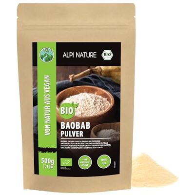 Alpi Nature Poudre de Baobab BIO 500g, Fruit de Baobab Séché et Moulu, Poudre Sans Gluten Alpi Nature Poudre de Baobab BIO 500g, Fruit de Baobab Séché et Moulu, Poudre Sans Gluten