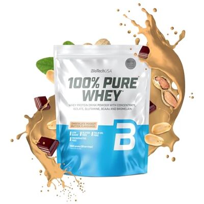 BioTechUSA 100% Pure Whey Poudre de protéines avec BCAA et Glutamine Sans gluten, sans huile de palme 21g de protéines par portion, 1 kg, Chocolat-Beurre d'arachide BioTechUSA 100% Pure Whey Poudre de protéines avec BCAA et Glutamine Sans gluten, sans huile de palme 21g de protéines par portion, 1 kg, Chocolat-Beurre d'arachide