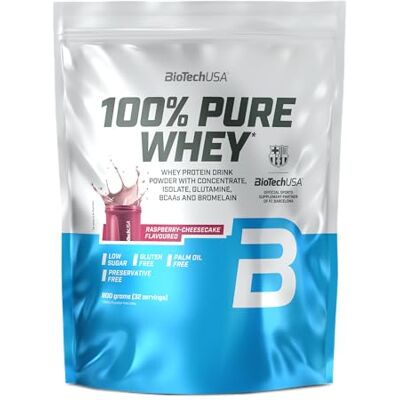 BioTechUSA 100% Pure Whey Poudre de protéines avec BCAA et Glutamine Sans gluten, sans huile de palme 21g de protéines par portion, 900 g, Cheescake aux frambois BioTechUSA 100% Pure Whey Poudre de protéines avec BCAA et Glutamine Sans gluten, sans huile de palme 21g de protéines par portion, 900 g, Cheescake aux frambois