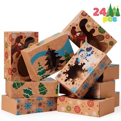 JOYIN Lot de 24 boîtes à friandises de Noël pour beignets et biscuits En papier kraft marron pour pâtisseries, cupcakes, brownies, cadeaux JOYIN Lot de 24 boîtes à friandises de Noël pour beignets et biscuits En papier kraft marron pour pâtisseries, cupcakes, brownies, cadeaux