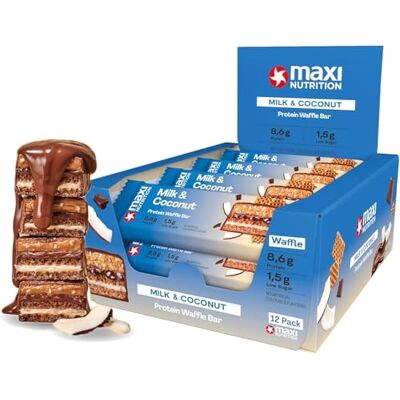 MaxiNutrition Barre de gaufres protéinées au lait et à la noix de coco, 22% de protéines, 174 kcal, (12 barres protéinées x 40 g), sans sucre ajouté MaxiNutrition Barre de gaufres protéinées au lait et à la noix de coco, 22% de protéines, 174 kcal, (12 barres protéinées x 40 g), sans sucre ajouté