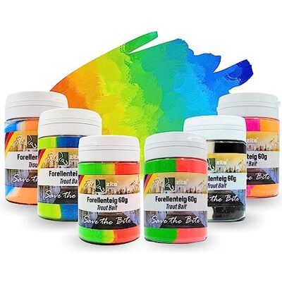 Zite Fishing Lot de 6 pâtes à truite – Pâte de pêche avec paillettes, arômes spéciaux et couleurs – 6 x 60 g Pâte à pêche avec ail, réglisse, fraise et crabe Zite Fishing Lot de 6 pâtes à truite – Pâte de pêche avec paillettes, arômes spéciaux et couleurs – 6 x 60 g Pâte à pêche avec ail, réglisse, fraise et crabe