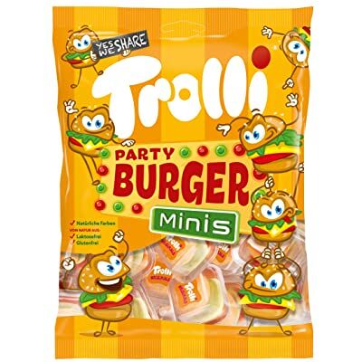 Casa del Dolce Trolli Miniburger, Bonbons gommeux en forme de hamburger, goût de fruits, enveloppe 100 g, sans gluten, idée cadeau pour les anniversaires et les fêtes Casa del Dolce Trolli Miniburger, Bonbons gommeux en forme de hamburger, goût de fruits, enveloppe 100 g, sans gluten, idée cadeau pour les anniversaires et les fêtes