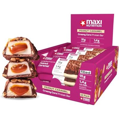 MaxiNutrition Creamy Core Bar Peanut Caramel Lot de 12 barres protéinées de 45 g, 32% de protéines, 15 g par barre, faible sucre (1,4 g), sans sucre ajouté, sans arômes artificiels MaxiNutrition Creamy Core Bar Peanut Caramel Lot de 12 barres protéinées de 45 g, 32% de protéines, 15 g par barre, faible sucre (1,4 g), sans sucre ajouté, sans arômes artificiels