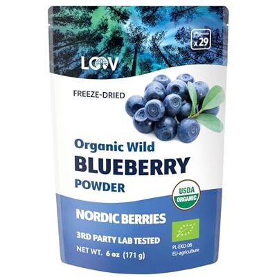 LOOV Poudre de myrtilles bio sauvages de , cueillies dans les forêts nordiques, 100 % de bleuets entiers, portions pour 35 jours, 171 g, Myrtilles lyophilisées et réduites en poudre, aucun sucre ajouté LOOV Poudre de myrtilles bio sauvages de , cueillies dans les forêts nordiques, 100 % de bleuets entiers, portions pour 35 jours, 171 g, Myrtilles lyophilisées et réduites en poudre, aucun sucre ajouté