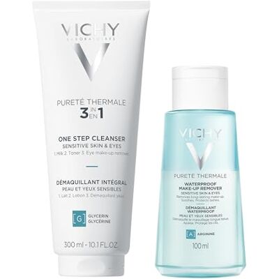 VICHY Pack Pureté Thermale Nettoyant 3-en-1 300 ml + Démaquillant Waterproof 100 ml Nettoie et démaquille visage et yeux Fortifie les cils Peaux et yeux sensibles Hypoallergénique VICHY Pack Pureté Thermale Nettoyant 3-en-1 300 ml + Démaquillant Waterproof 100 ml Nettoie et démaquille visage et yeux Fortifie les cils Peaux et yeux sensibles Hypoallergénique
